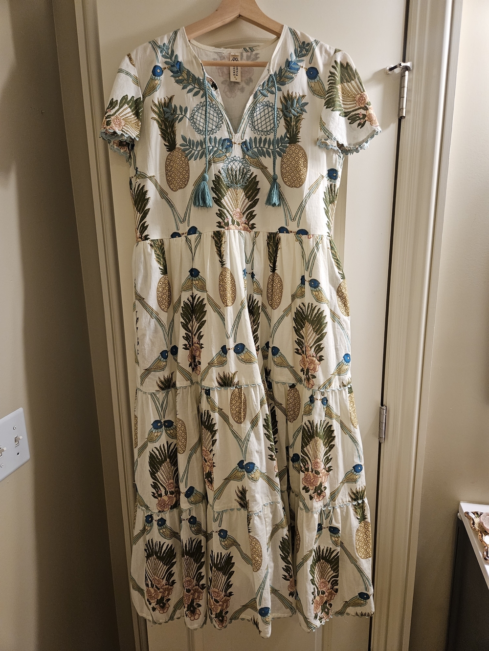 Uncle Frank Birds of Paradise Maxi Dress S | Tropical Boho Tiered Cotton Tassel - Picture 7 of 13